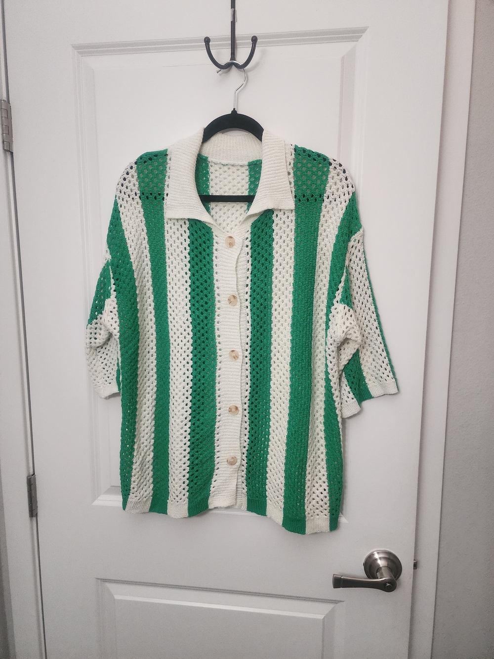 5/$30 SHEIN Green & White Striped Crochet  Open-Weave Button Cardigan